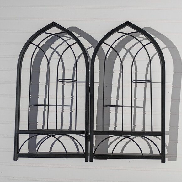 Cathedral Window Votive Candle Holders Gothic Black Wrought Iron Pair Arched Vtg - Picture 8 of 16